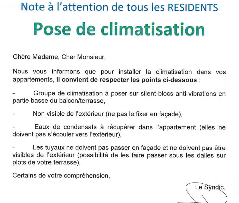 Exemple de règles imposées dans une copropriété pour la pose d'un système de climatisation