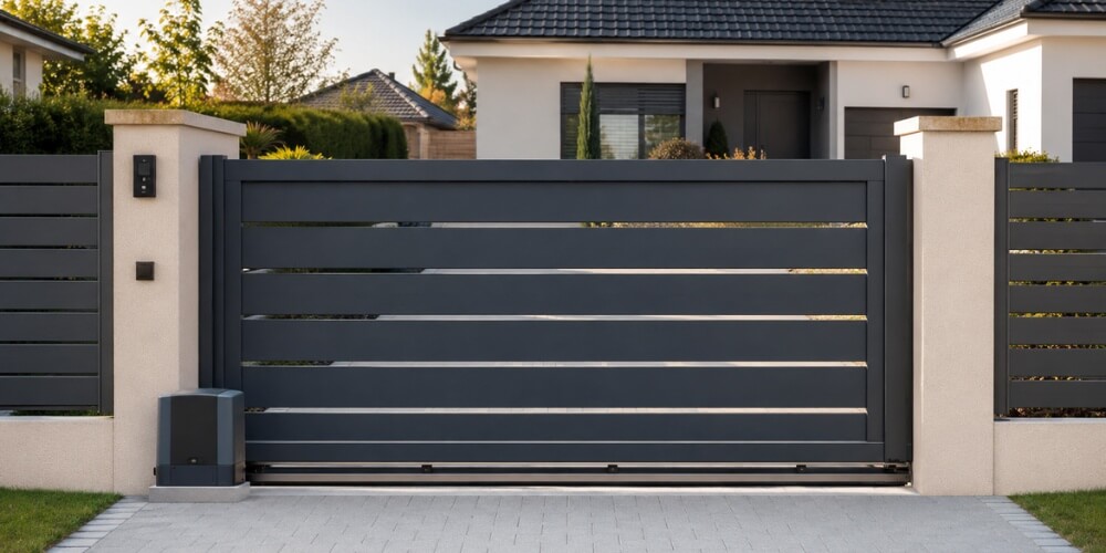 portail-coulissant-motorise-aluminium-gris-anthracite Portail coulissant motorisé en aluminium gris anthracite avec lames horizontales, installé devant une maison contemporaine
