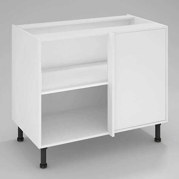 Caisson bas d’angle de cuisine blanc sur pieds réglables, ouverture à droite, 90 cm de large