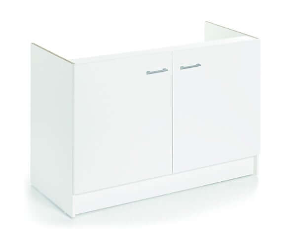 Meuble sous-évier blanc à deux portes, 120 cm de large, avec ouverture à l’arrière pour la plomberie